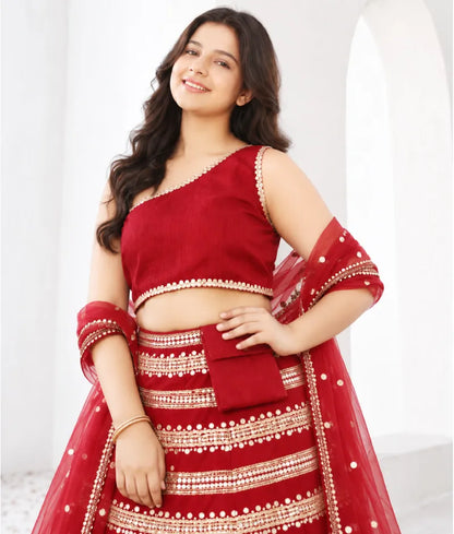 Red Sequins Lehenga Choli Dupatta for Girls - Luxe Red Sequins Lehenga Choli Dupatta for Girls