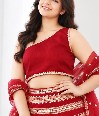 Red Sequins Lehenga Choli Dupatta for Girls - Luxe Red Sequins Lehenga Choli Dupatta for Girls