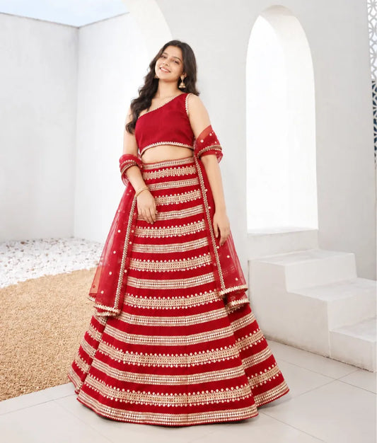 Red Sequins Lehenga Choli Dupatta for Girls - Luxe Red Sequins Lehenga Choli Dupatta for Girls