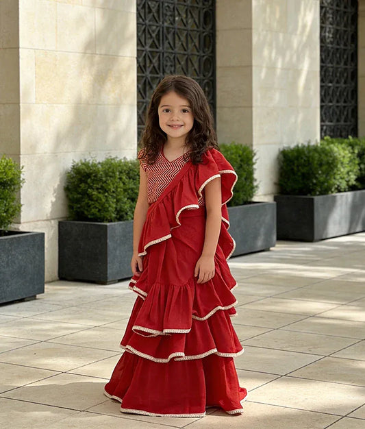 Luxe Red Sequins Red Georgette Saree for Girls