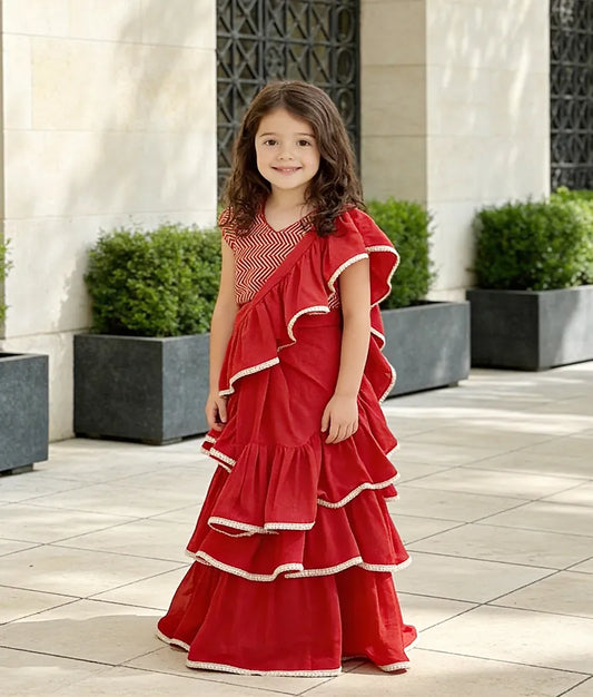 Luxe Red Sequins Red Georgette Saree for Girls