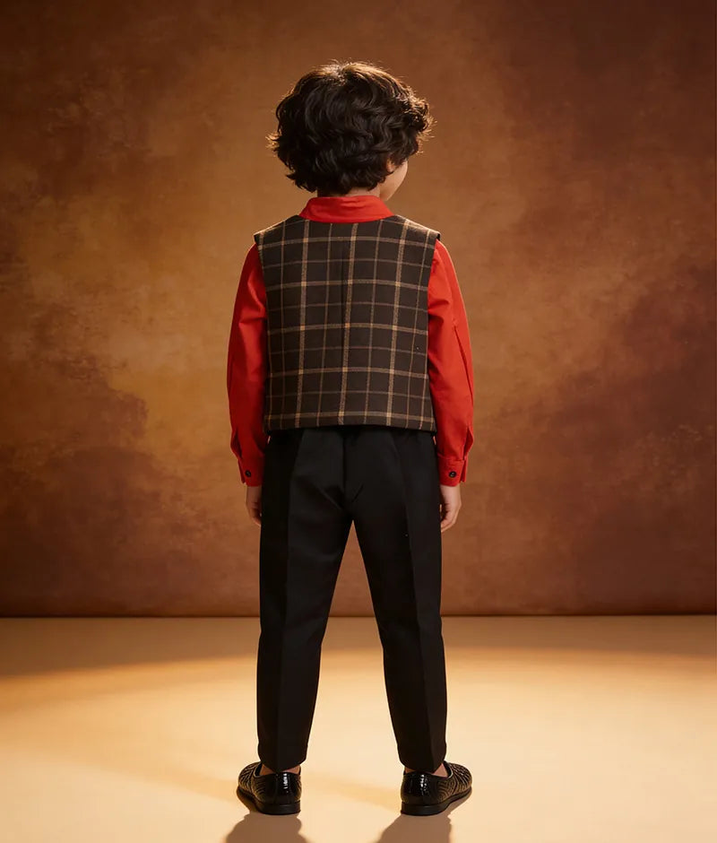 Luxe Red Shirt with Brown Checks Waist Coat and Pant for Boys