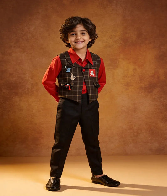 Luxe Red Shirt with Brown Checks Waist Coat and Pant for Boys