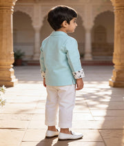 Luxe Sea Green Coat with White Shirt Pant for Boys