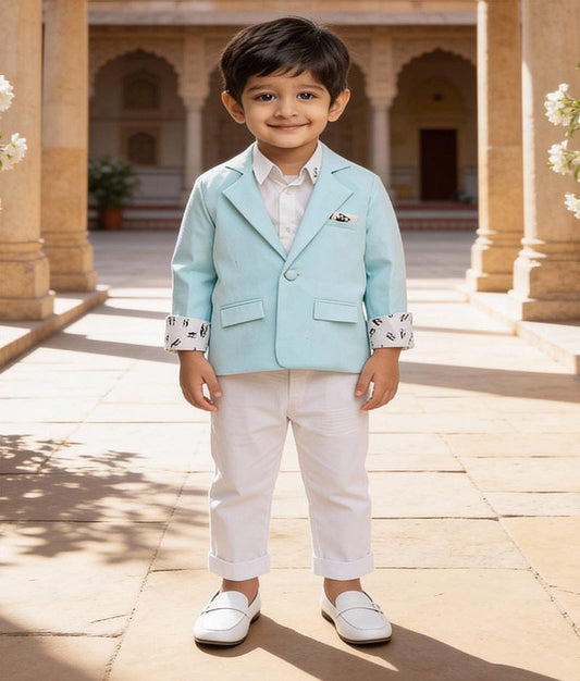 Luxe Sea Green Coat with White Shirt Pant for Boys