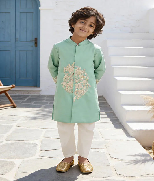 Luxe Sea Green Embroidery Achkan with Chudidar for Boys