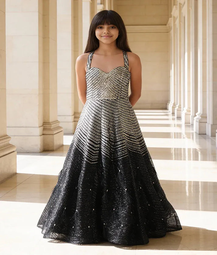 black dress with silver stones Off Shoulder Flared Tulle Gown