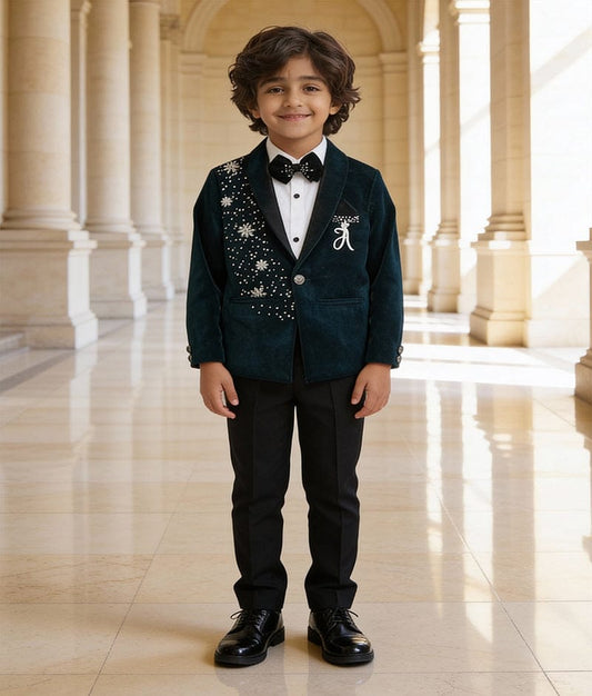 Luxe Teal Blue Embroidered Velvet Coat Set for Boys