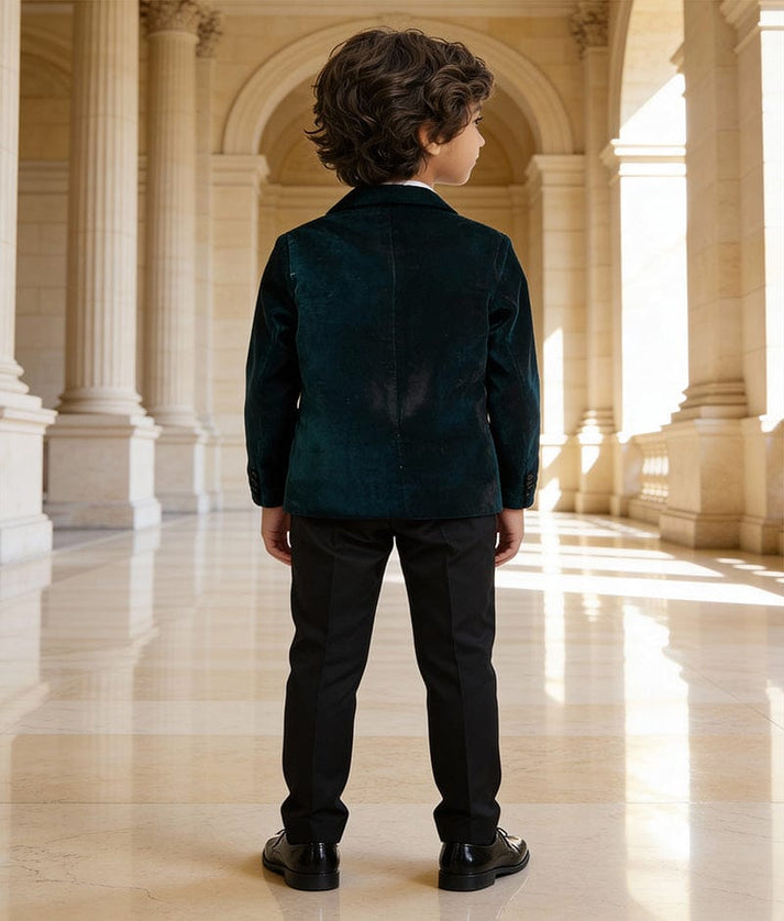 Luxe Teal Blue Embroidered Velvet Coat Set for Boys