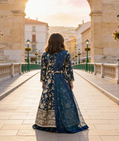 Luxe Teal Blue Parsi work Anarkali Set for Girls