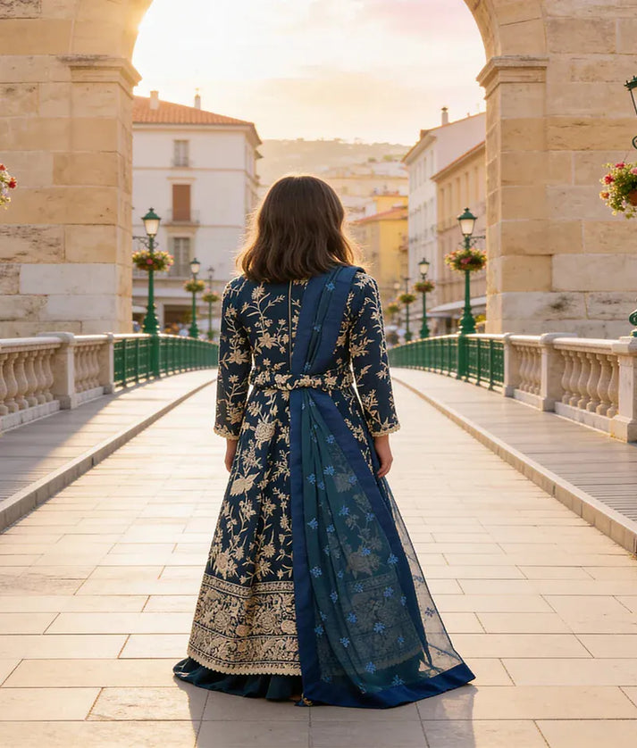 Luxe Teal Blue Parsi work Anarkali Set for Girls