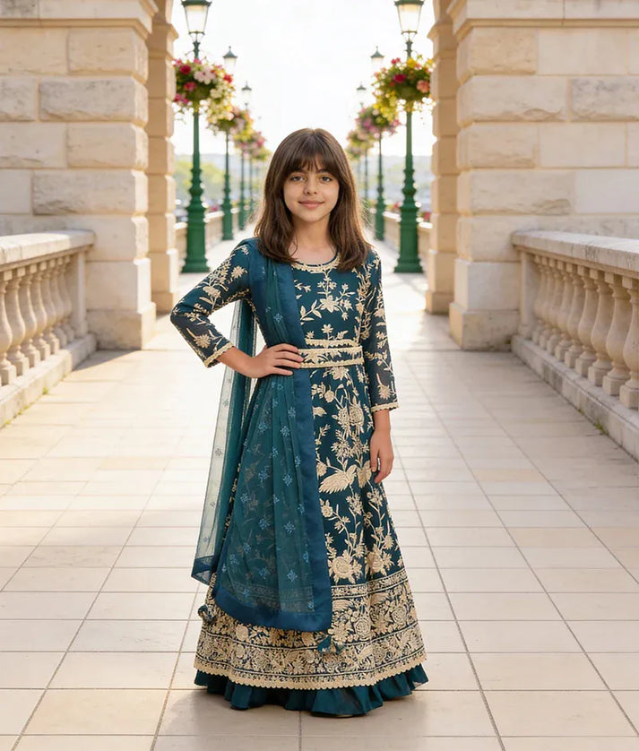 Luxe Teal Blue Parsi work Anarkali Set for Girls