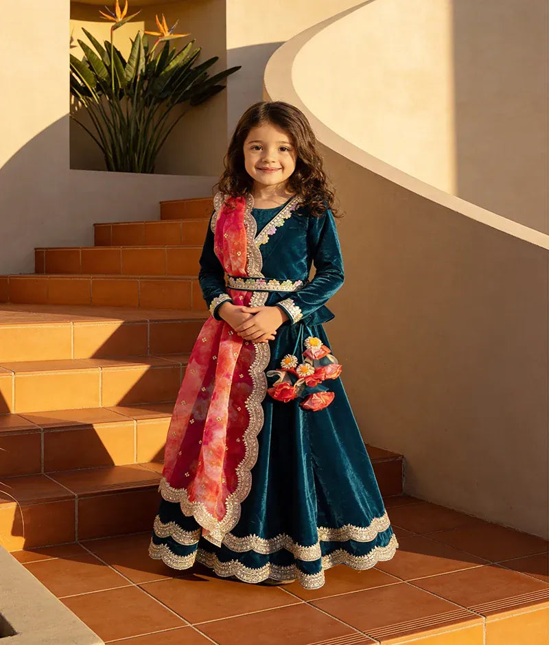 Luxe Teal Blue Velvet lehenga choli for Girls