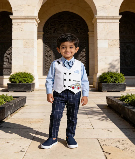 Luxe White Car Motif Waistcoat Set