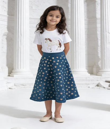 Luxe White Embroidered T-Shirt with Demin Skirt