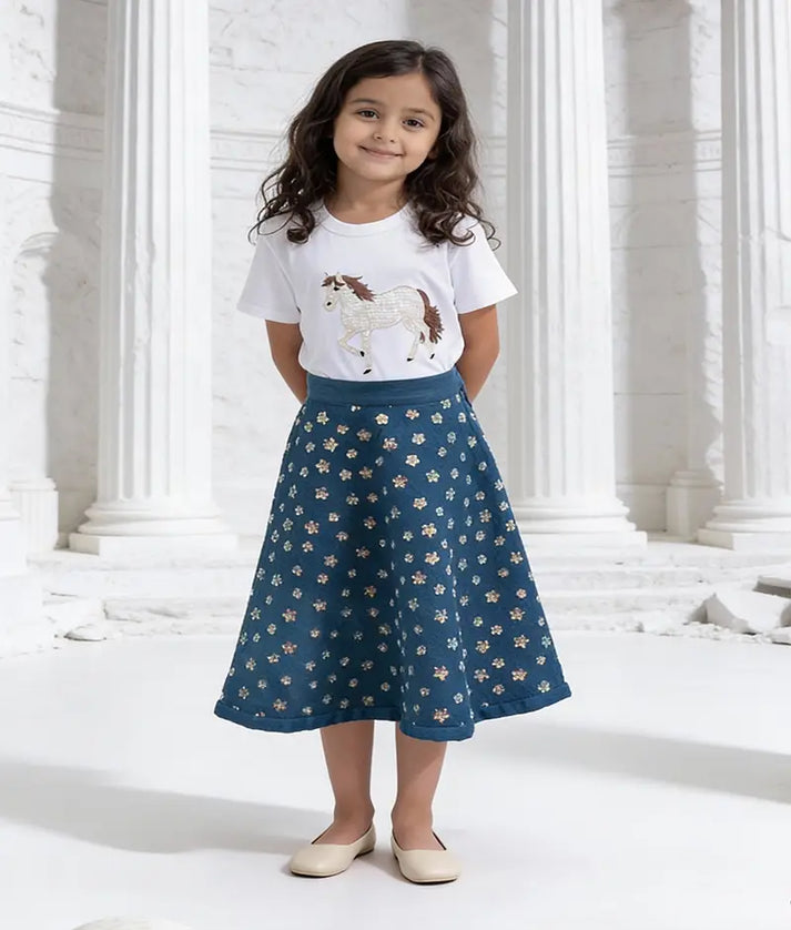 Luxe White Embroidered T-Shirt with Demin Skirt