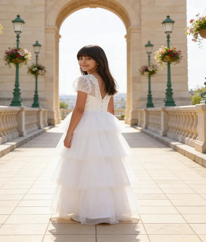 Luxe White Net Frill Gown for Girls