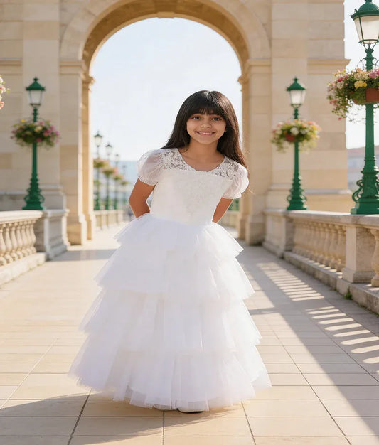 Luxe White Net Frill Gown for Girls
