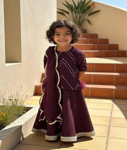Luxe Wine Burgundy Mirror Embroidery Silk Lehenga with Choli Net Dupatta for Girls