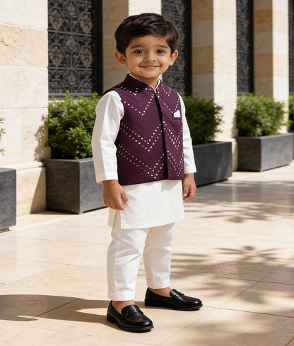 Luxe Wine Burgundy Mirror Work Jacket with Kurta Pant for Boys