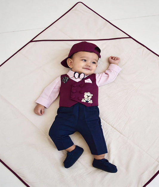 Luxe Wine Burgundy Waist Coat and Off white Shirt Pant for Boys