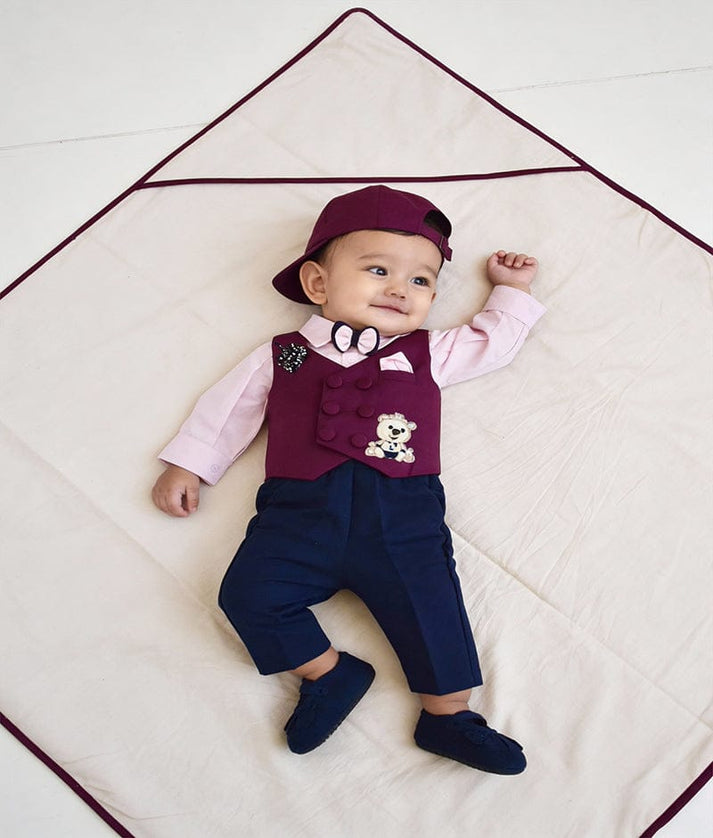 Luxe Wine Burgundy Waist Coat and Off white Shirt Pant for Boys