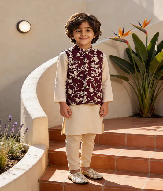 Luxe Wine Embroidery Jacket with Kurta and Pant for Boys