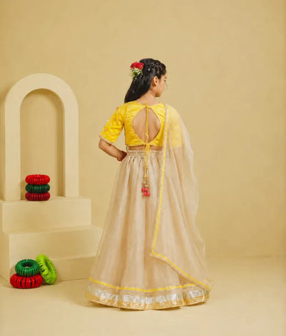 Yellow Aangi Choli with Lehenga Set - Luxe Yellow Aangi Choli with Lehenga Set fayon_teens