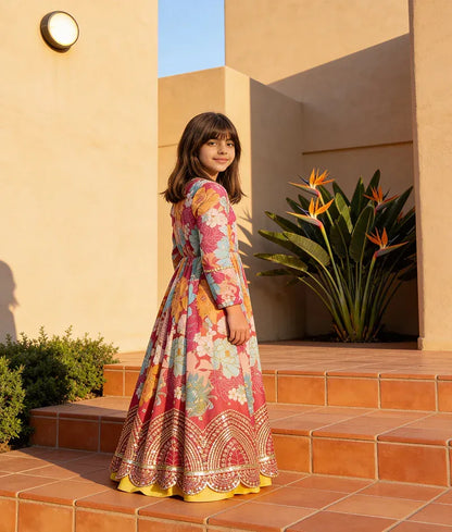 Luxe Yellow Anarkali with Printed Georgette Jacket for Girls