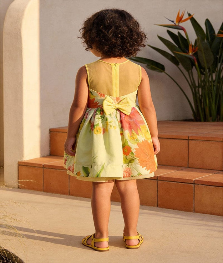 Luxe Yellow and Blue Organza Print Dress for Girls
