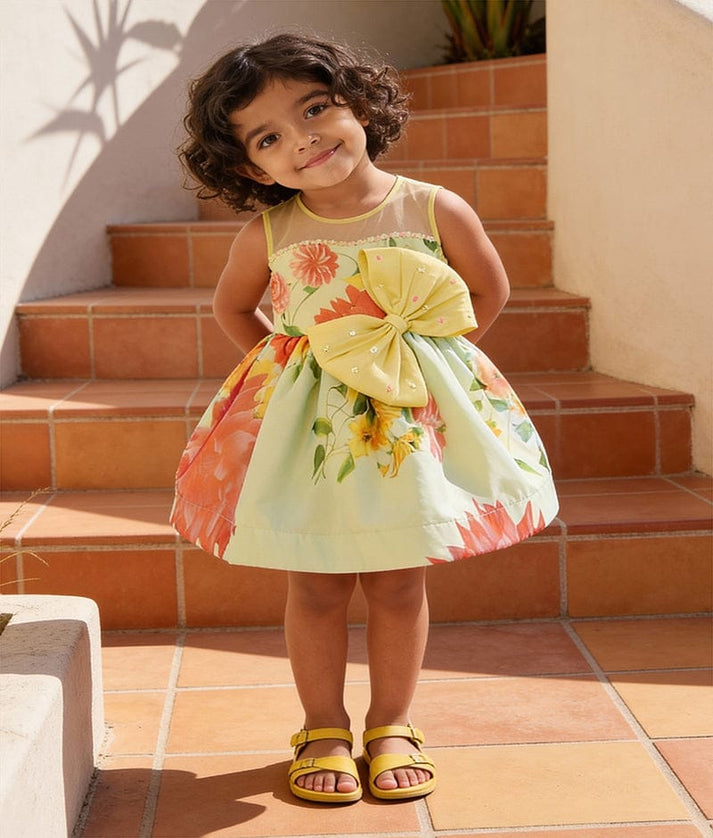 Luxe Yellow and Blue Organza Print Dress for Girls