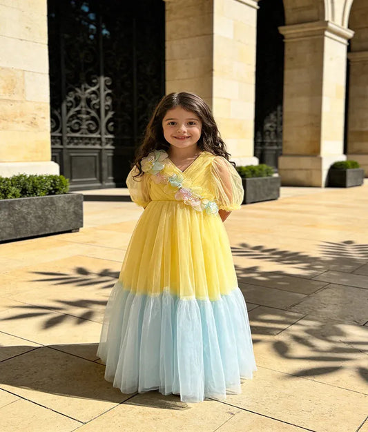 Luxe Yellow Blue Net Gown for Girls