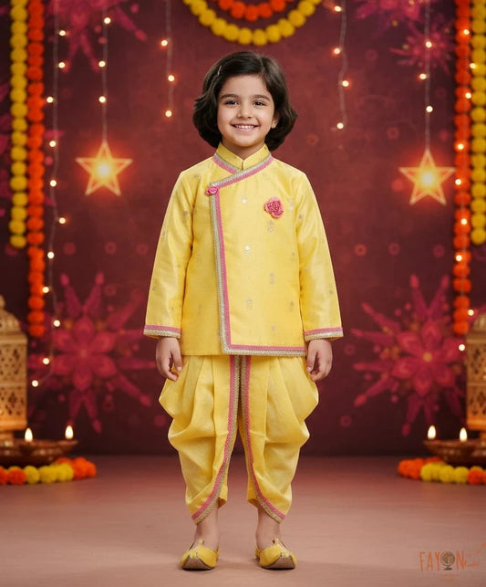 Luxe Yellow Chanderi Foil Printed Angrakha with Dhoti for Boys