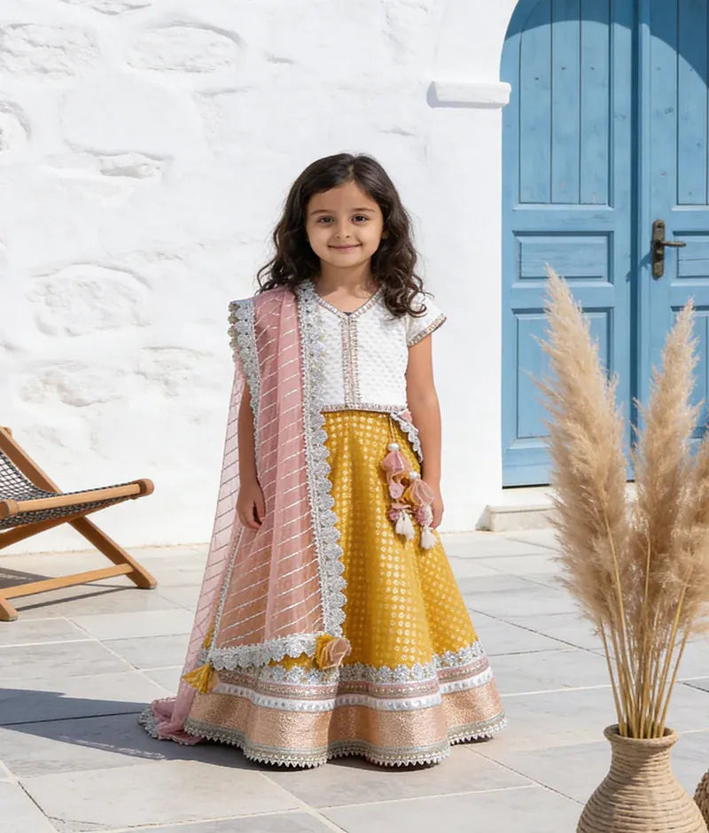 Luxe Yellow Chanderi Lehenga White Embroidery Choli Dupatta for Girls