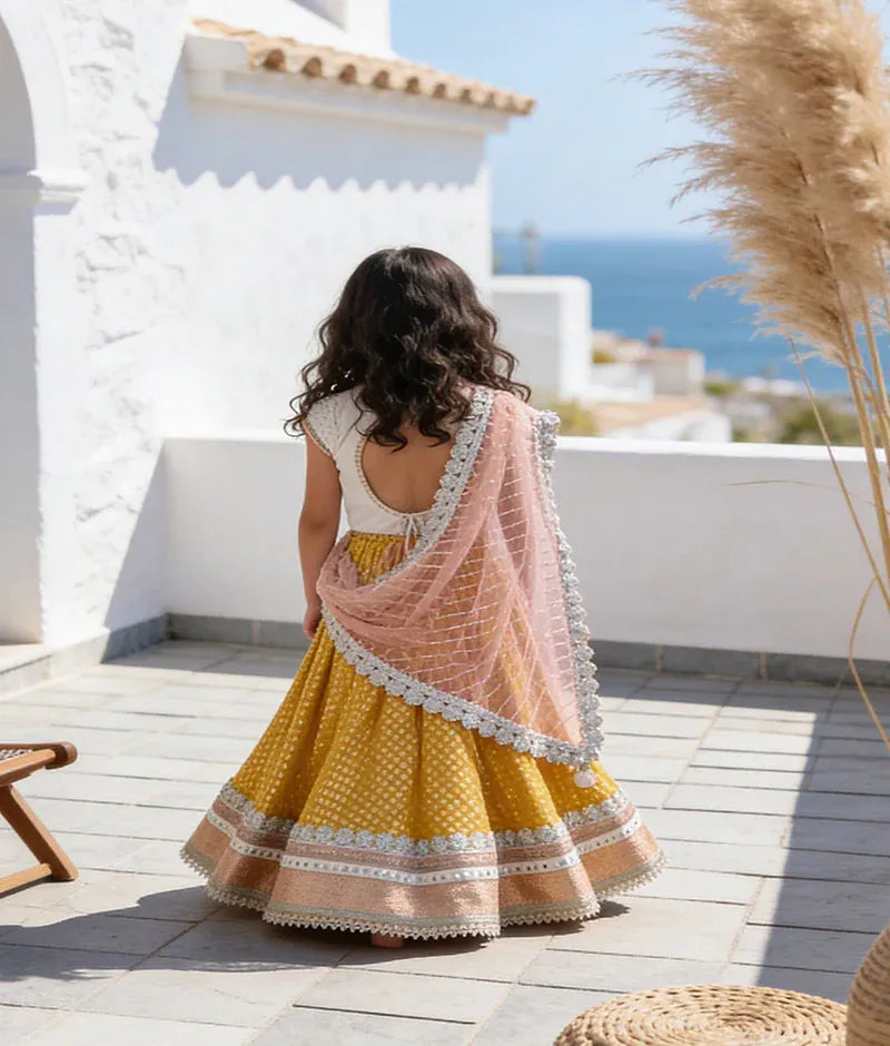 Luxe Yellow Chanderi Lehenga White Embroidery Choli Dupatta for Girls