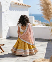 Luxe Yellow Chanderi Lehenga White Embroidery Choli Dupatta for Girls