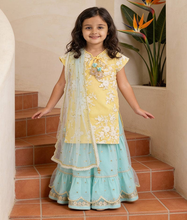 Luxe Yellow Embroidery Acqua Boti Net Sharara with Kurti Boti Net Dupatta for Girls