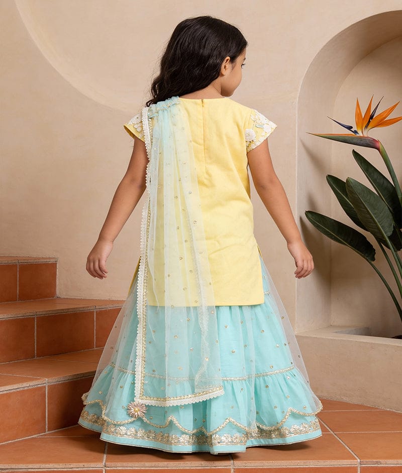 Luxe Yellow Embroidery Acqua Boti Net Sharara with Kurti Boti Net Dupatta for Girls