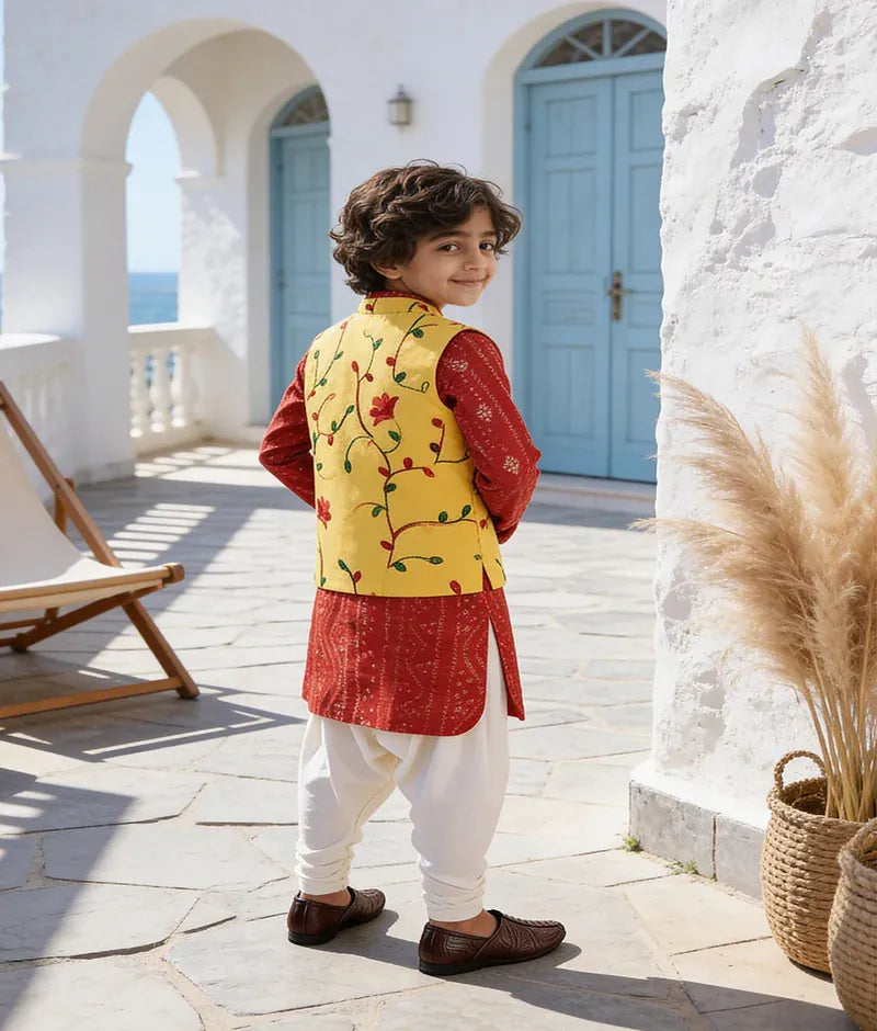 Luxe Yellow Embroidery Nehru Jacket Red Bandhej Kurta Off White Salwar for Boys