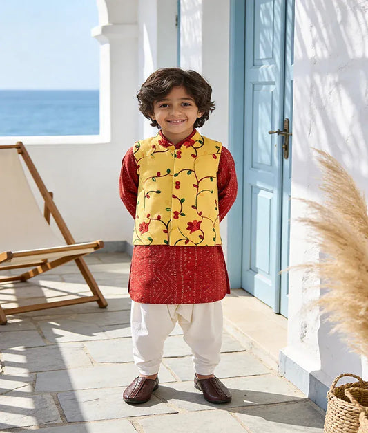 Luxe Yellow Embroidery Nehru Jacket Red Bandhej Kurta Off White Salwar for Boys