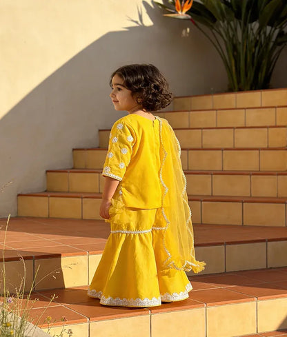 Luxe Yellow Embroidery Sharara with Kurti Net Dupatta for Girls