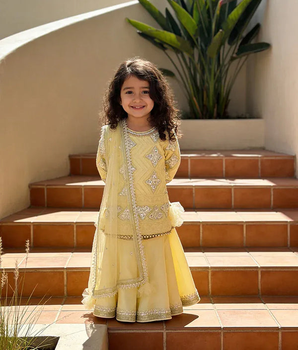 Luxe Yellow Gota Embroidery Yellow Silk Sharara with Kurti Boti Net Dupatta for Girls