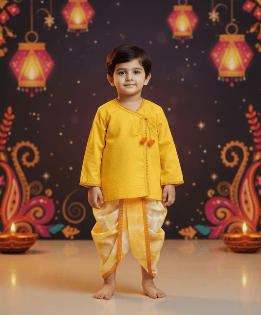 Luxe Yellow Kurta with Tie and Dye Dhoti for Boys