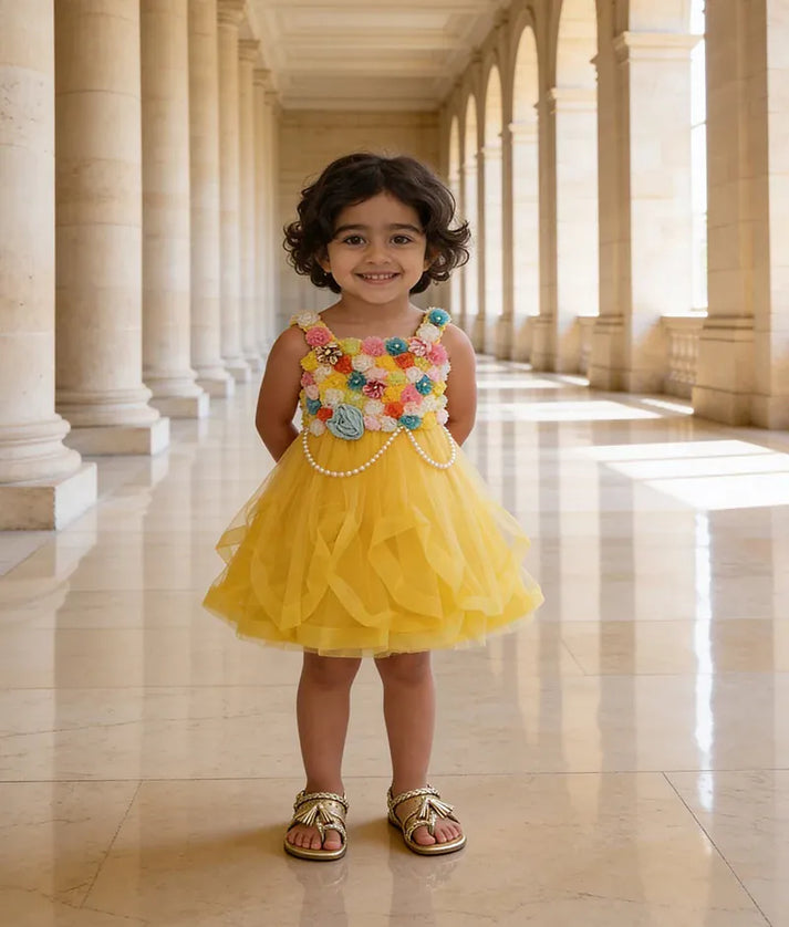 Luxe Yellow Net Gown with Multi Coloured Flowers for Girls