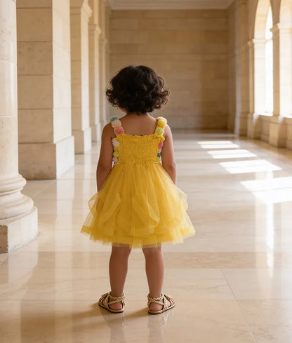 Luxe Yellow Net Gown with Multi Coloured Flowers for Girls