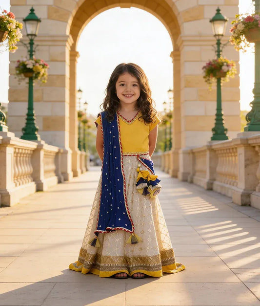 Luxe Yellow Off white Brocade Lehenga with Choli Boti Net Dupatta for Girls
