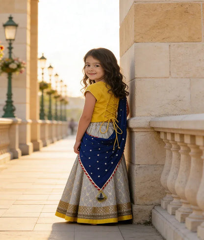 Luxe Yellow Off white Brocade Lehenga with Choli Boti Net Dupatta for Girls