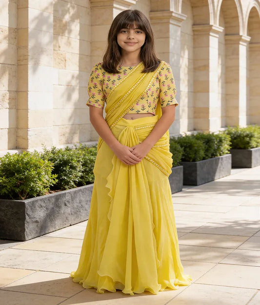 Luxe Yellow Printed Choli with Lehenga Saree