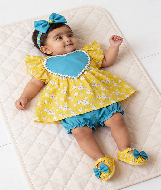 Luxe Yellow Printed Jamna Set with Blue bloomers for Girls