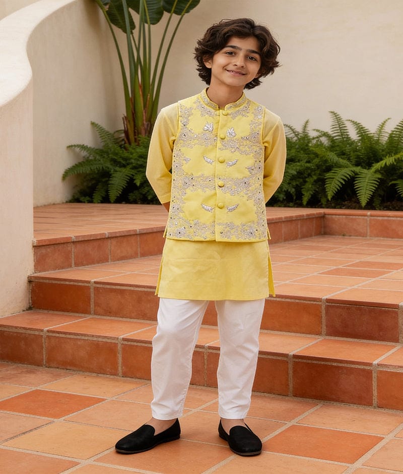 Luxe Yellow Silk Embroidery Nehru Jacket with Kurta Chudidar for Boys